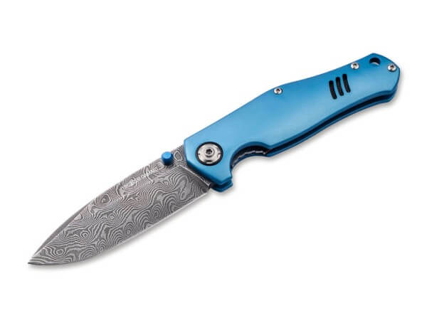 Taschenmesser, Blau, Daumenpin, Linerlock, Damast, Aluminium