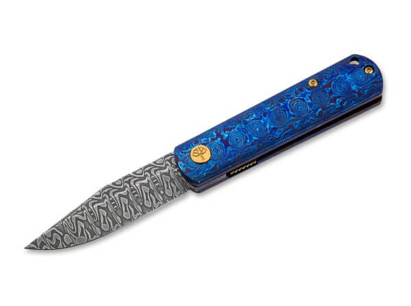 Taschenmesser, Blau, Daumenpin, Linerlock, Damast, Mokuti