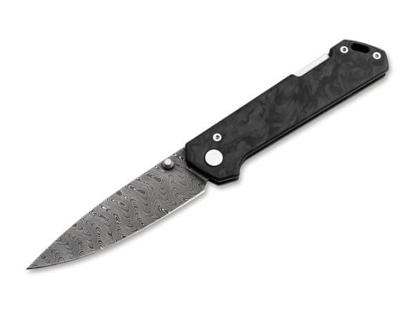 Taschenmesser, Schwarz, Daumenpin, Backlock, Damast, Kohlefaser