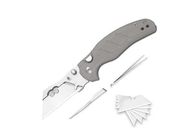 Taschenmesser, Grau, Daumenpin, Button Lock, 5Cr15MoV, G10
