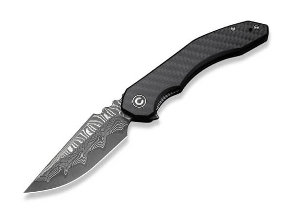 Taschenmesser, Schwarz, Flipper, Linerlock, Damast, Kohlefaser