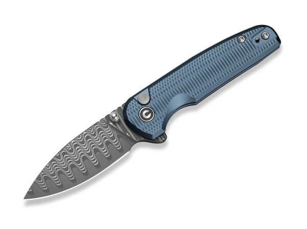 Taschenmesser, Blau, Flipper, Button Lock, Damast, Aluminium